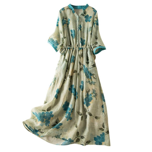 Linen Dress Mid Length Pleated Loose Organ