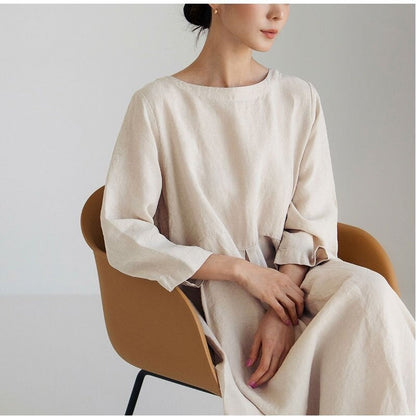 Plus Size Round Neck Solid Color Over-The-Knee Dress
