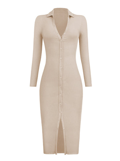 High Waisted Long Sleeves Buttoned Solid Color Lapel Midi Dresses