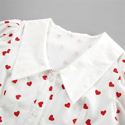 Printed Bubble Sleeve Dress with Cinched Waist, Lapel, and Minimalist Styling