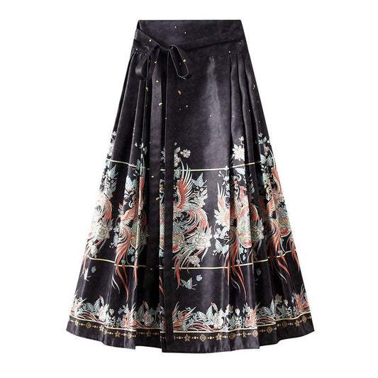 Phoenix Print Pleated Skirt with Chinese Style Waist Tie