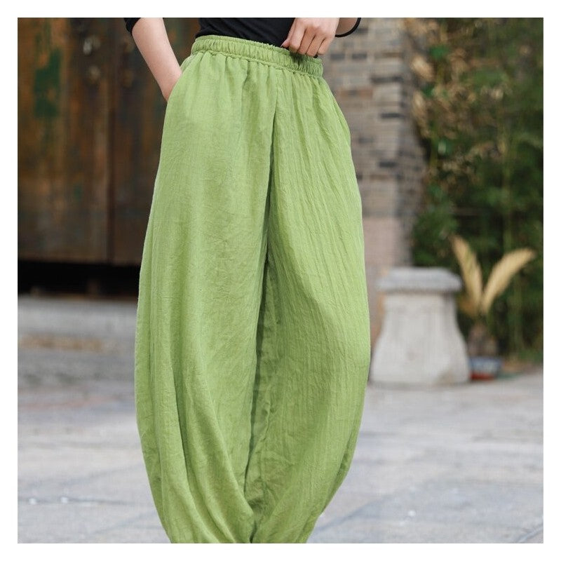Loose Lantern Pants with Elastic Waist - Solid Color