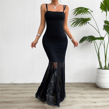 Stylish Lace Sling Dress in Solid Color