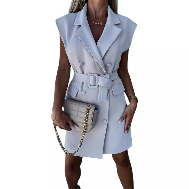 Mandarin Collar Sleeveless Dress with Waist Belt