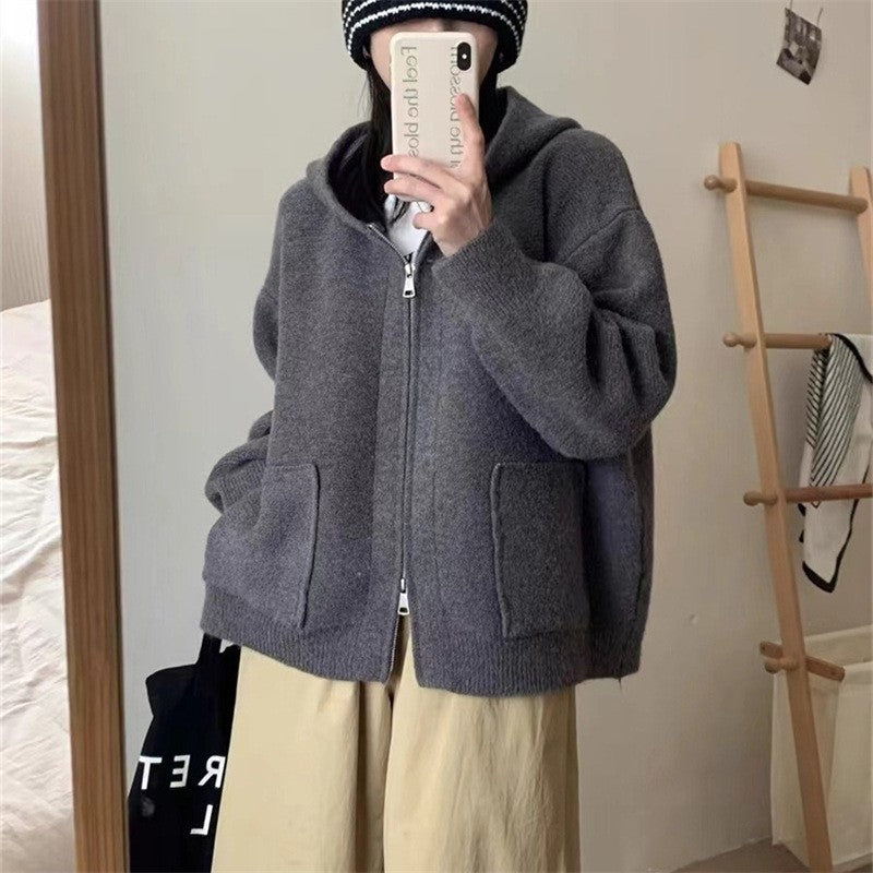 Solid Color Long Sleeve Hooded Zipper Pockets Casual Loose Cardigan Sweater