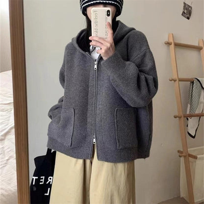 Solid Color Long Sleeve Hooded Zipper Pockets Casual Loose Cardigan Sweater