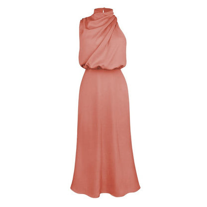 Solid Color Half Turtleneck Sleeveless Satin Dress