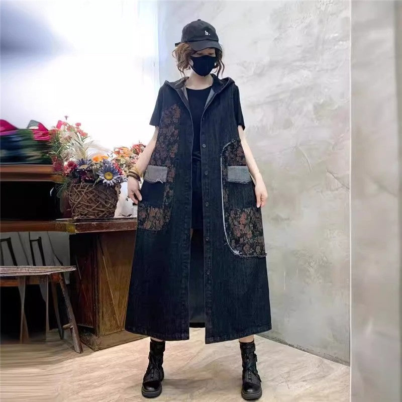 Vintage Loose Fit Hooded Denim Vest With Printed Pattern