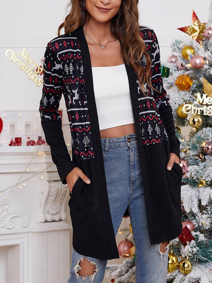Long Sleeves Loose Animal Printed Knitted Flower Collarless Outerwear