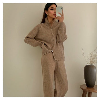 Knit Zip-Up Lapel Sweater and Wide-Leg Pants Set