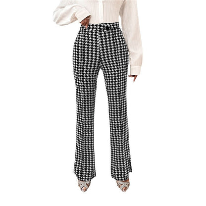 Houndstooth Pattern High-Waisted Bell Bottom Trousers