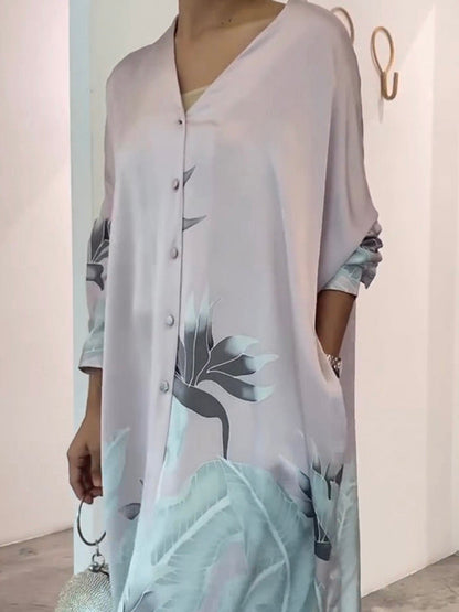 Long Sleeve Buttoned Muslim V-Neck Midi Dress with Contrast Color Flower & Leaves Print