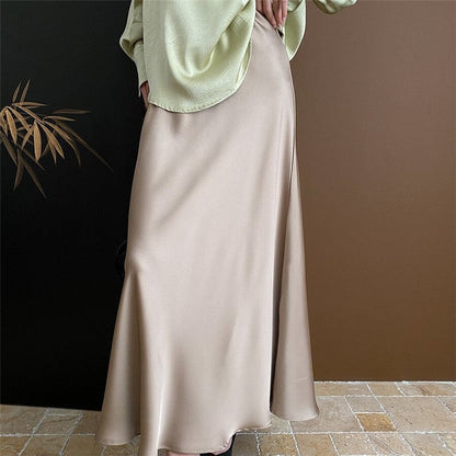 High-Waisted Satin Mermaid Midi Skirt with Draped Slit