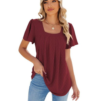 Solid Color V-Neck Pleated Short Sleeve Loose Fit T-Shirt