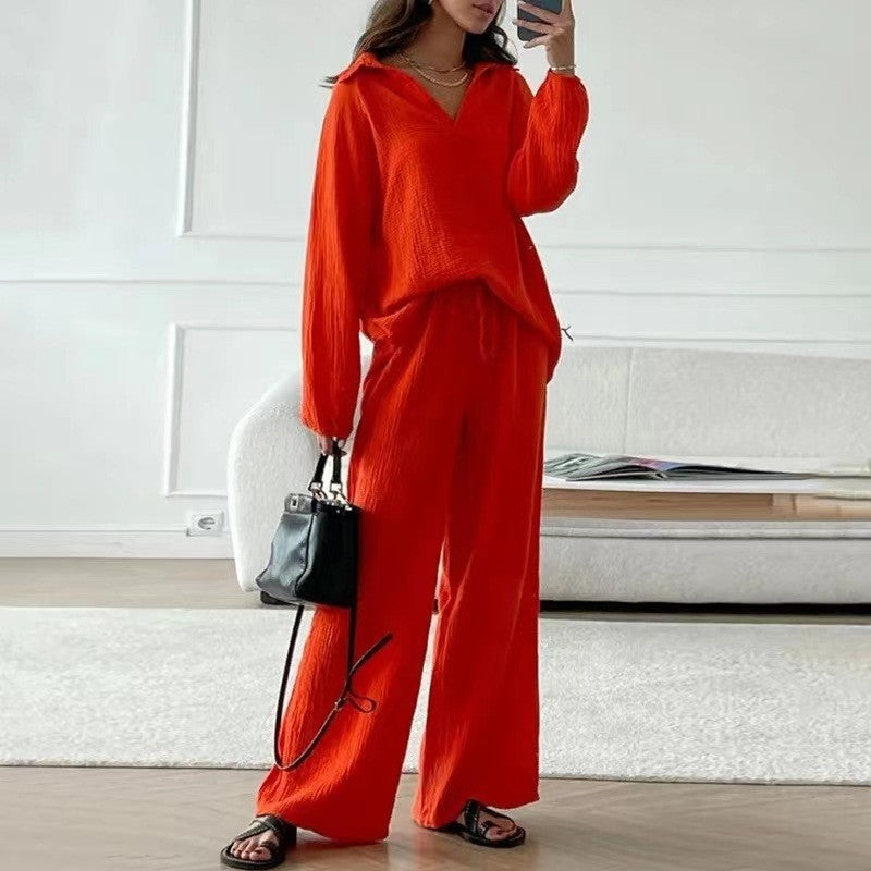 Solid Color Long Sleeve Lapel Blouse and Pants Set