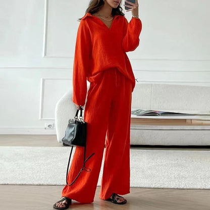 Solid Color Long Sleeve Lapel Blouse and Pants Set