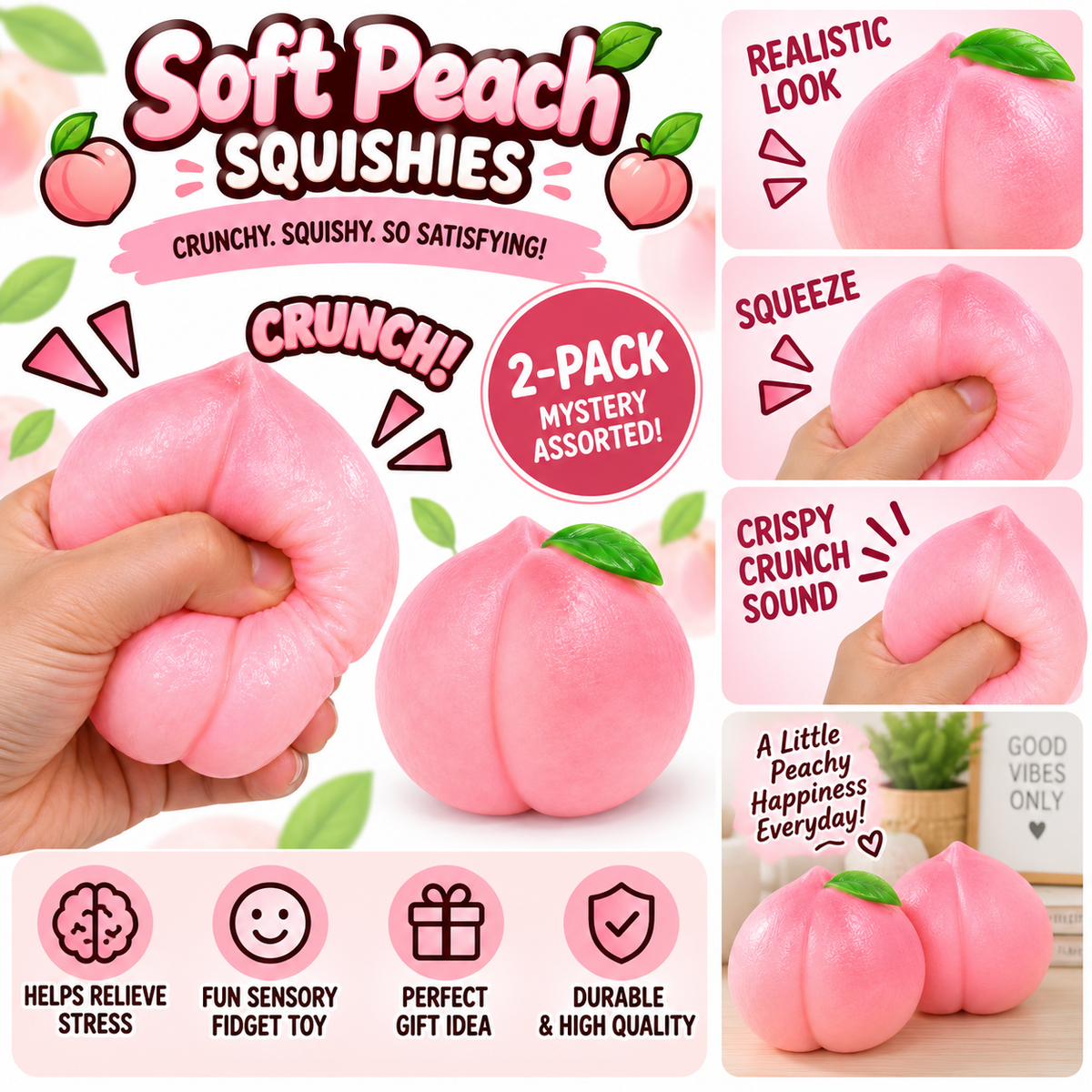 Crunchy Squishies Soft Peach Squeeze Toy 2-Pack – Crispy Crunch Sound Stress Balls | ASMR Sensory Fidget Toys for Adults & Kids | Realistic Pink Peach Squishies