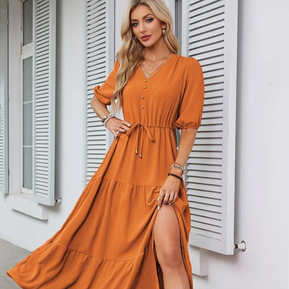 Vibrant V-Neck Drawstring Dress with Split Short Sleeves