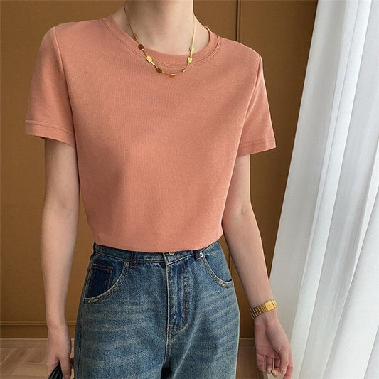 Elegant Off-Shoulder Solid Color T-Shirt
