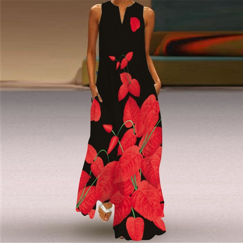 Sleeveless V-Neck Floral Print Casual Dress