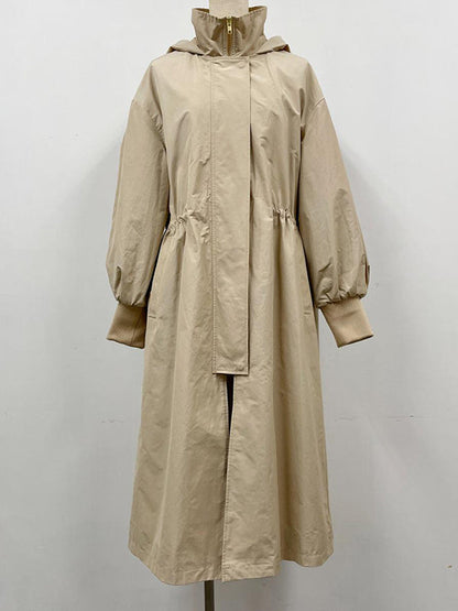 Loose Long Sleeves Drawstring Solid Color Zipper Hooded Trench Coats Outerwear