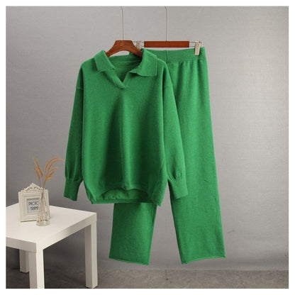 Solid Knit Sweater and Wide Leg Pants Set