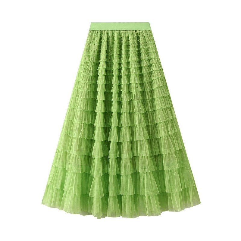 Ruffled A-Line Mesh Cake Skirt with Elastic Waist in Solid Color