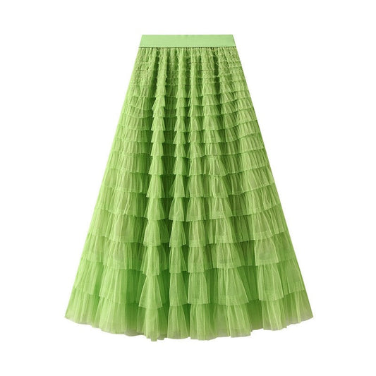 Ruffled A-Line Mesh Cake Skirt with Elastic Waist in Solid Color