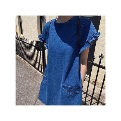 Fashionable Denim Dress with Frilled Cuffs and Pockets