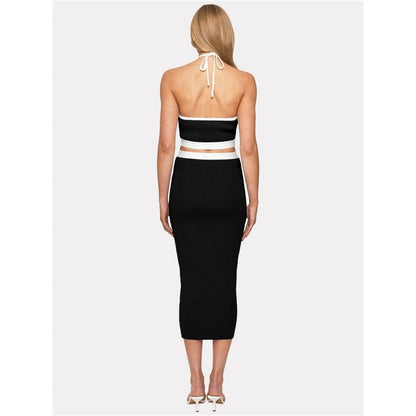 Contrast Color Sleeveless Halterneck Backless Hollow Bodycon Maxi Dress