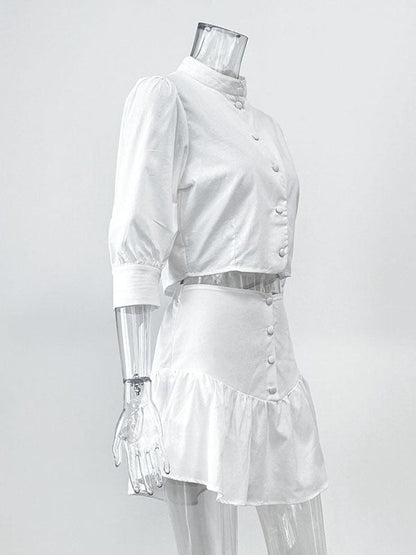 Half Sleeves Loose Buttoned Pleated Solid Color Split-Joint Stand Collar Blouses Top +  Skirts Bottom Two Pieces Set