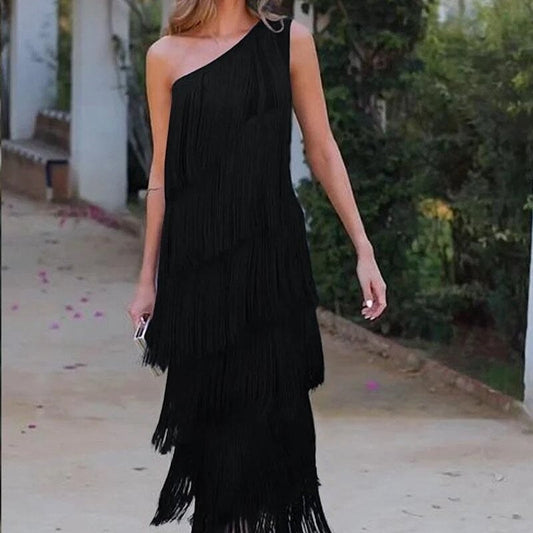 Fringe-Trimmed Asymmetric One-Shoulder Dress