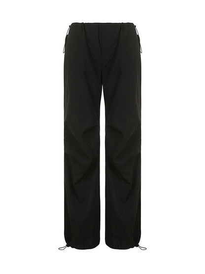 High Waisted Loose Drawstring Pleated Solid Color Pants Trousers