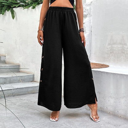 Wide Leg Casual Pants with Elastic Waist and Side Slits in Solid Color