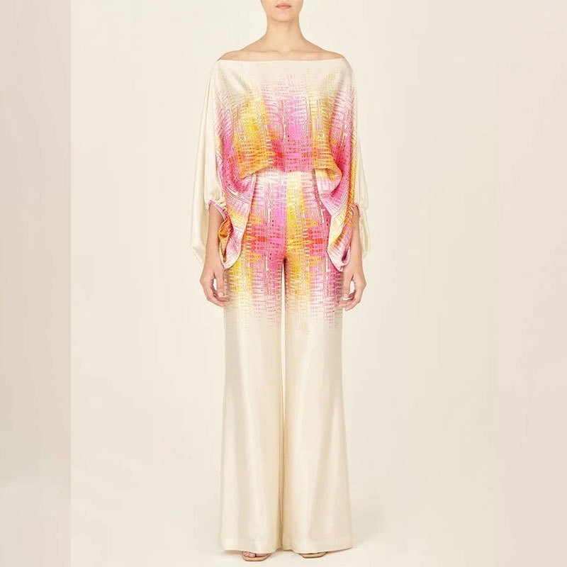 Printed Batwing Sleeve Top with Wide Leg Pants Set