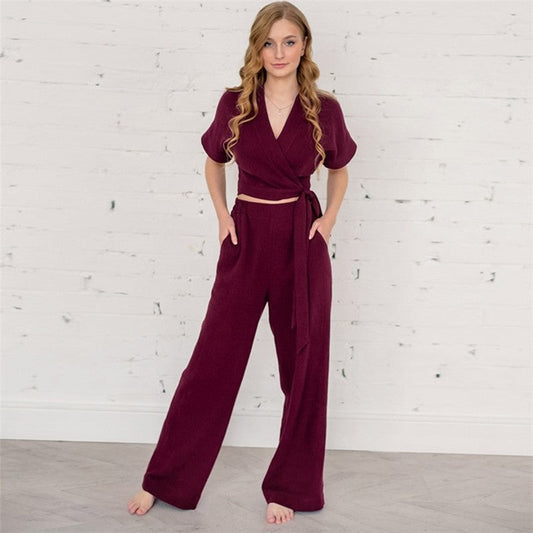 Solid Color V-Neck Bandage Top and Pants Set - Short Sleeve Loungewear