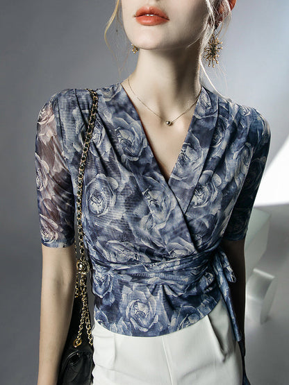 Half Sleeves Plus Size Flower Print Mesh Tied V-Neck Blouses&Shirts Tops