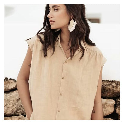 Sleek Linen Sleeveless Solid Color Blouse