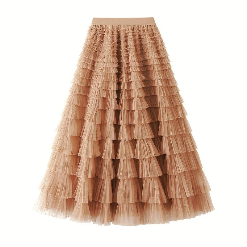 Ruffled A-Line Mesh Cake Skirt with Elastic Waist in Solid Color