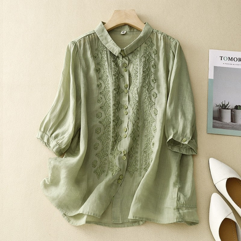 Solid Color Lapel Three-Quarter Sleeve Embroidery Retro Blouse