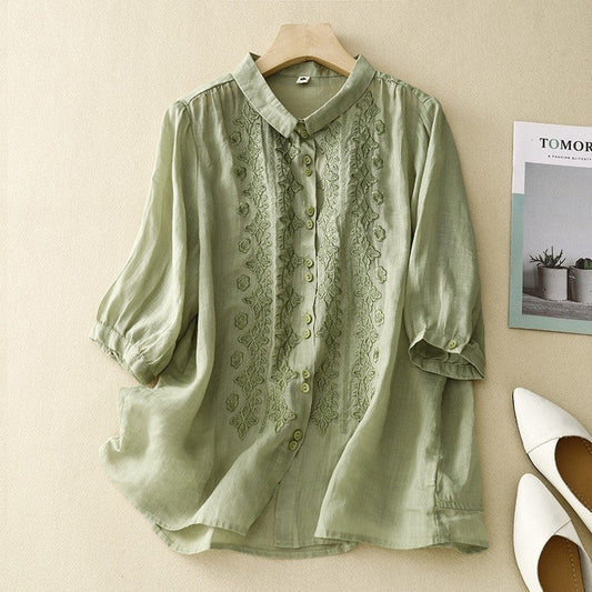 Solid Color Lapel Three-Quarter Sleeve Embroidery Retro Blouse