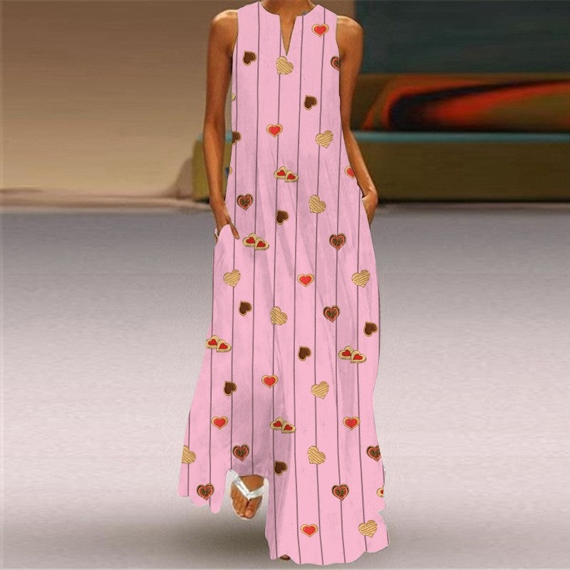 Sleeveless Printed V-Neck Casual Dress