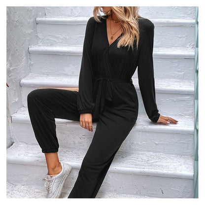 High-Waisted V-Neck Long Sleeve Belted Jumpsuit