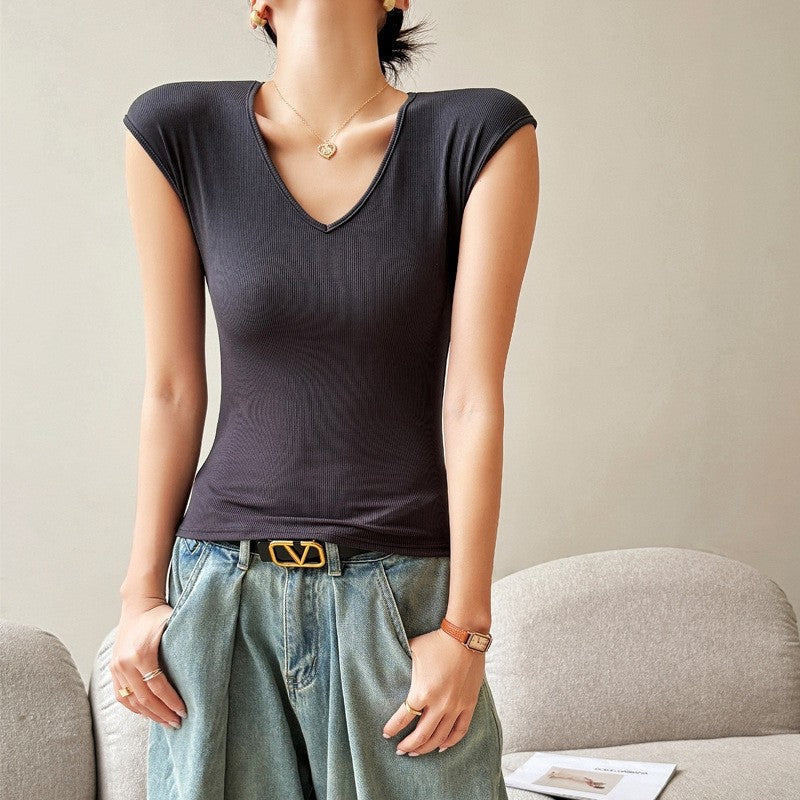 Shoulder-Baring Threaded Sleeve T-Shirt