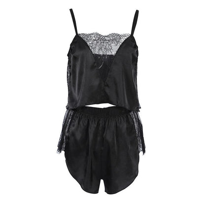 Lace-Trimmed Black Camisole and Shorts Pajama Set