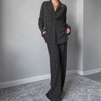 Loose Fit Polka Dot Long Sleeve Top and Pants Lounge Set