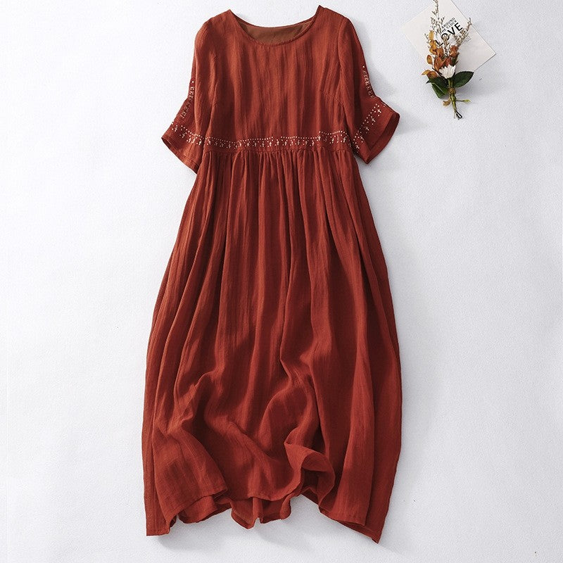 Floral Embroidered Linen Dress with Flared Hem