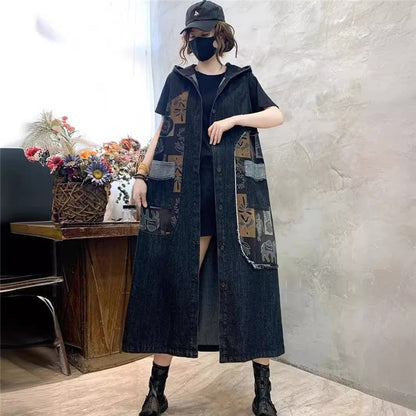 Vintage Loose Fit Hooded Denim Vest With Printed Pattern