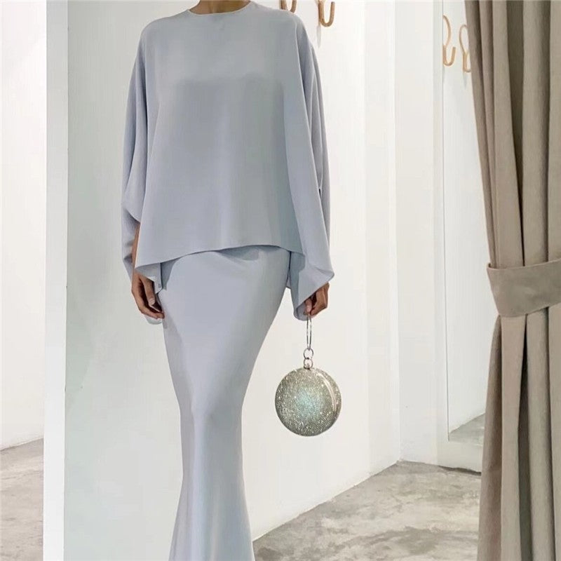 Solid Color Pearl Embellished Floor-Length Dress Ensemble