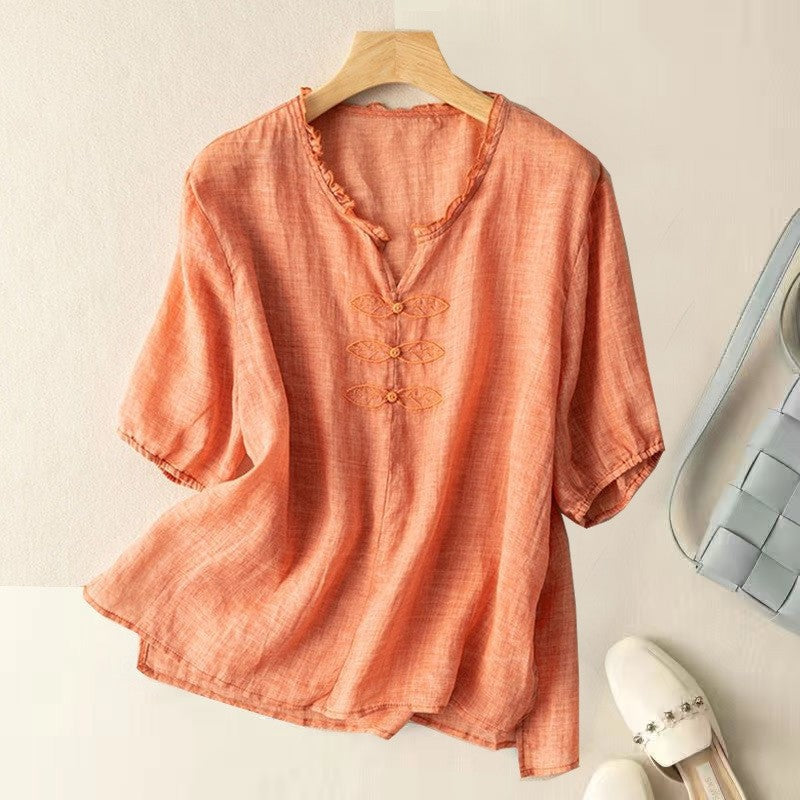 Embroidered Loose Fit V-Neck Short Sleeve T-Shirt